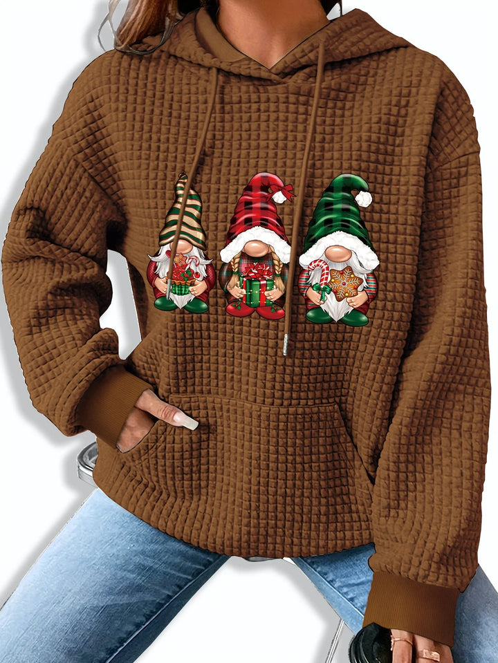 Damen Weihnachtspullover mit Kapuze, Wichteldruck, aus weichem Baumwollmix, ideal für festliche Anlässe und Alltag.