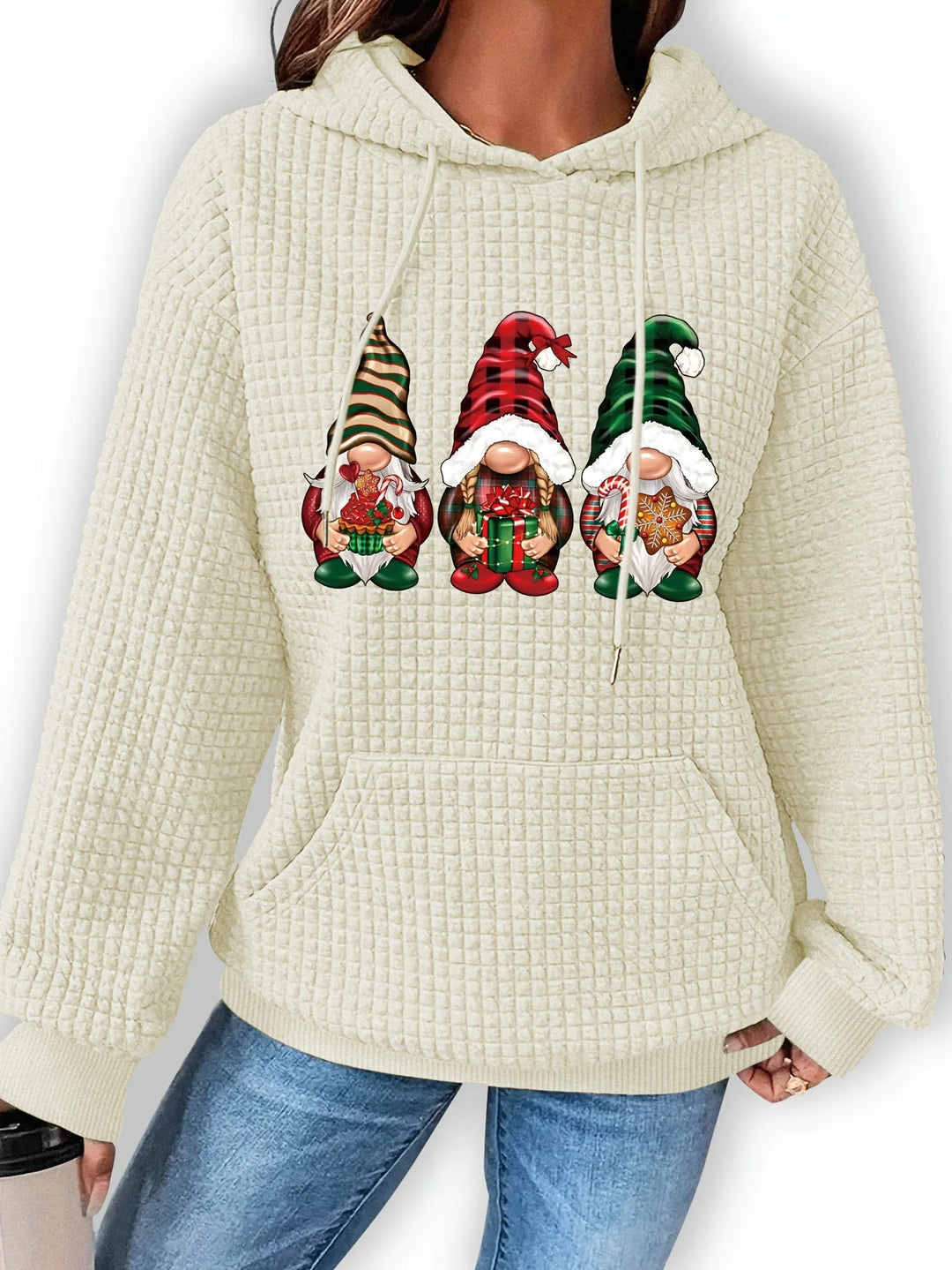 Damen Weihnachtspullover mit Kapuze, aus weichem Material, festlichem Wichteldruck und bequemer Passform für die Feiertage.