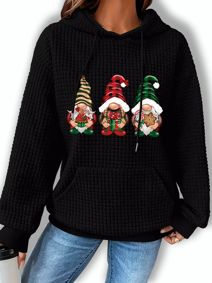 Damen Weihnachtspullover mit Wichteldruck und Kapuze, aus weichem Baumwollmix, gemütlicher Schnitt für die festliche Saison.