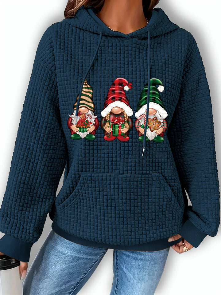 Damen Weihnachtspullover mit Wichteldruck, aus weichem Baumwollmix, bequem und mit praktischer Kapuze.