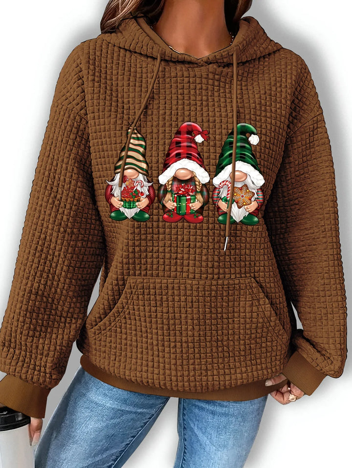 Damen Weihnachtspullover aus Baumwolle mit Wichteldruck und Kapuze, gemütlich und festlich für die Winterzeit.