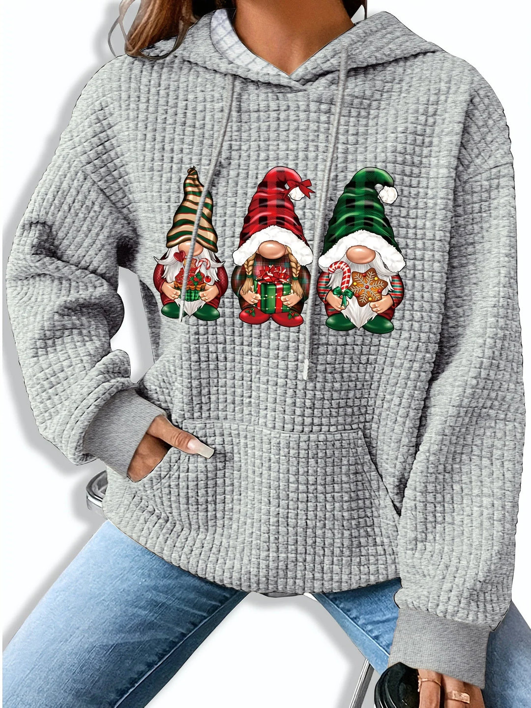 Damen Weihnachtspullover mit Wichteldruck und Kapuze, aus weichem Baumwollmix, ideal für festliche Anlässe und gemütliche…