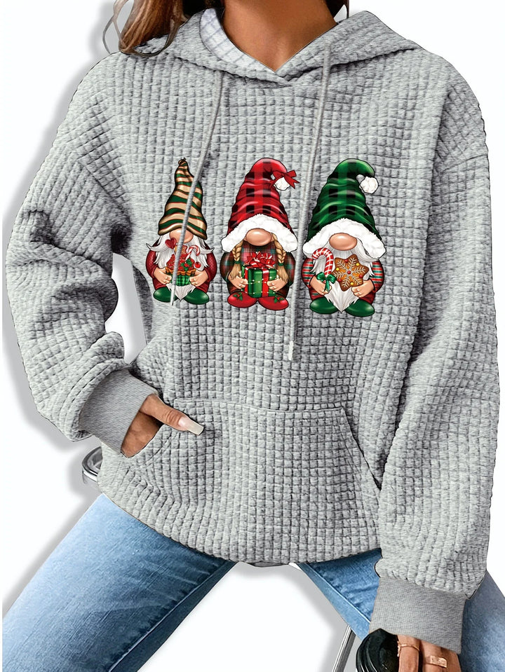 Damen Weihnachtspullover mit Wichteldruck und Kapuze, aus weichem Baumwollmix, ideal für festliche Anlässe und gemütliche…