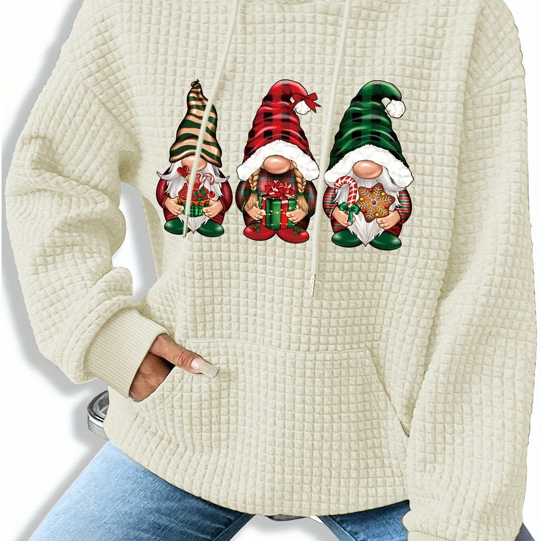 Damen Weihnachtspullover in Aprikose mit Wichteldruck, Kapuze und bequemer Baumwollmischung für kuschelige Feiertage.