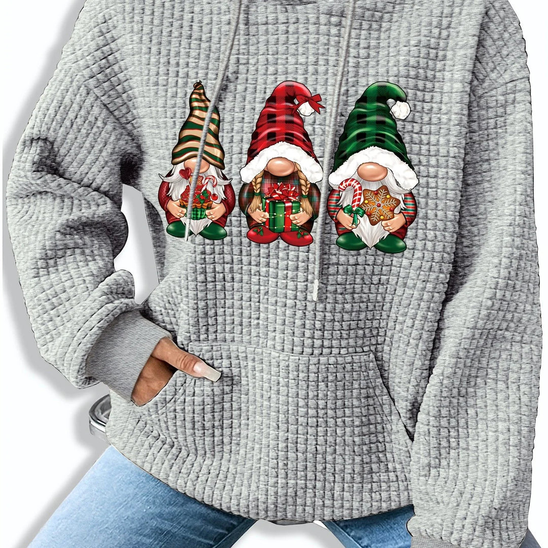 Hellgrauer Damen Weihnachtspullover mit Wichteldruck, Kapuze und weichem, bequemem Material für festliche Stimmung.