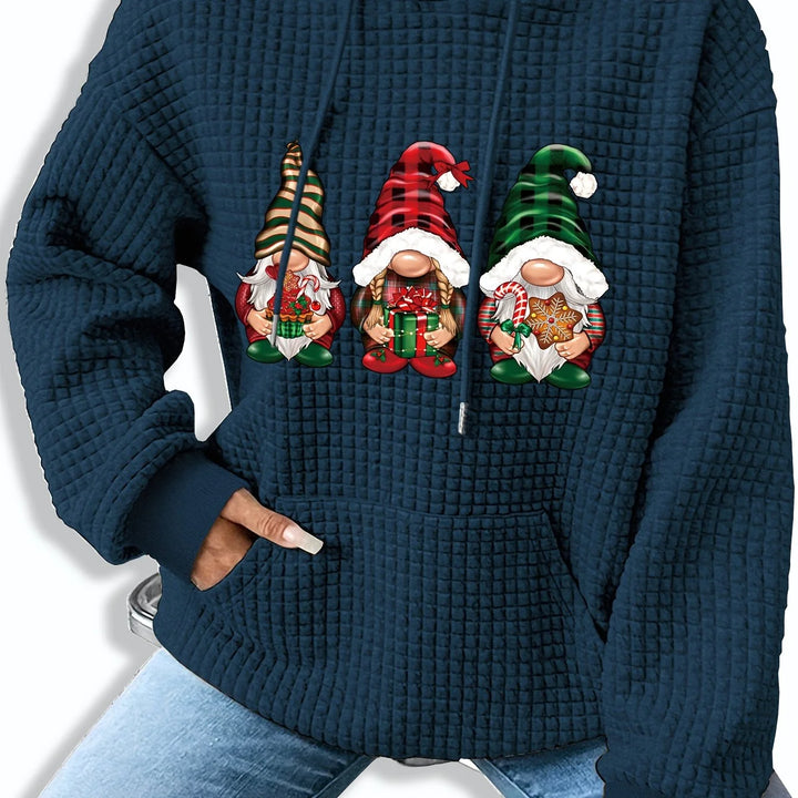 Marineblau Damen Weihnachtspullover mit Wichteldruck, Kapuze und bequemem Material für festliche Anlässe.