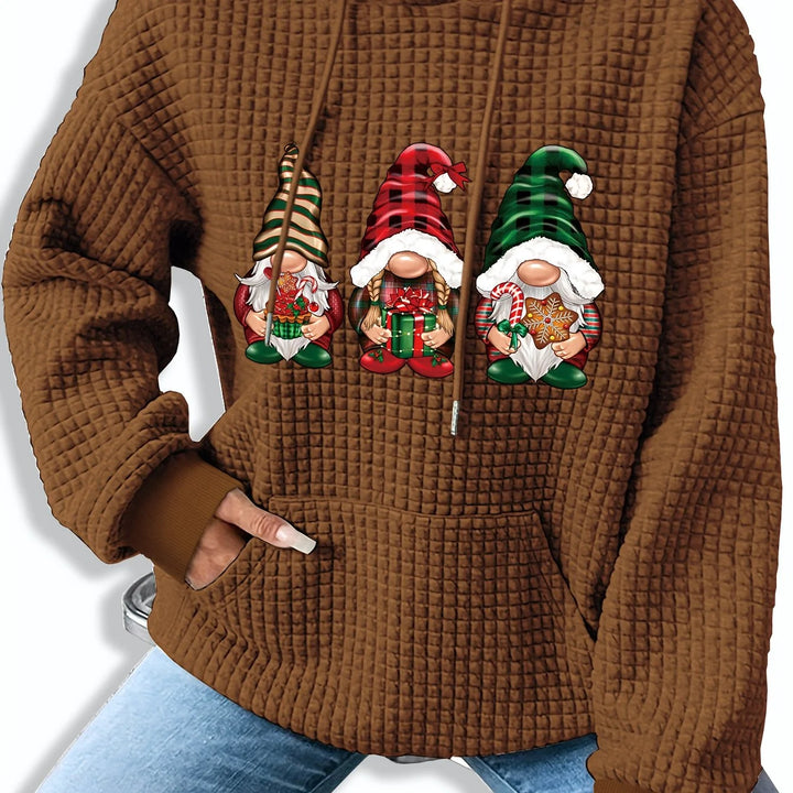 Damen Weihnachtspullover in Rost mit Wichteldruck und Kapuze, aus weichem Material, ideal für festliche Anlässe und Komfort.