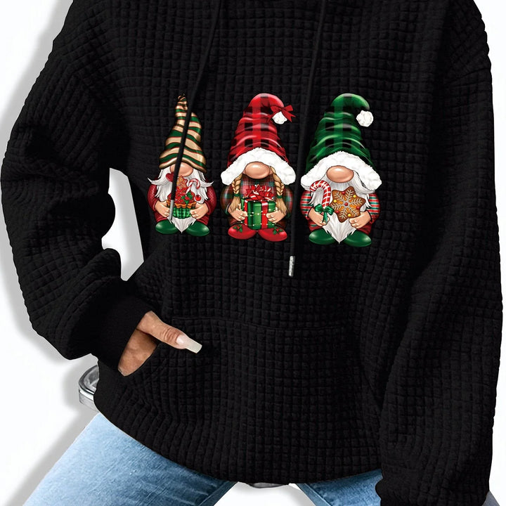 Schwarzer Damen-Weihnachtspullover mit Wichteldruck, Kapuze aus weichem Material, ideal für festliche Anlässe.