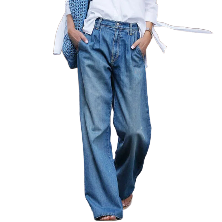 Damen Weite Jeanshose in Blau, aus Baumwolle, lässiger Schnitt mit weitem Bein und komfortablem Design für den Alltag.