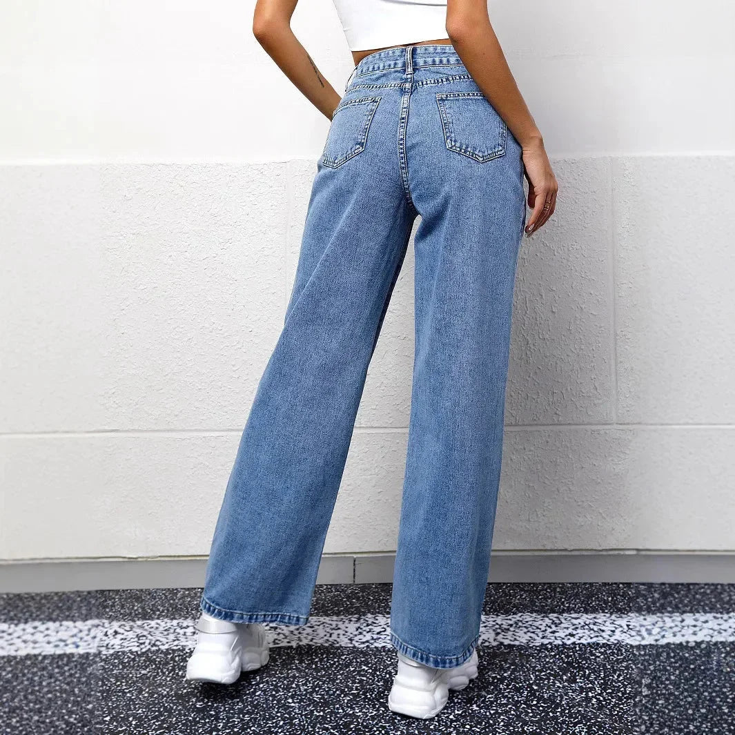 Damen Mom-Jeans mit hoher Taille in Blau, aus bequemen Baumwollmaterial, mit lässigem Schnitt und klassischem…