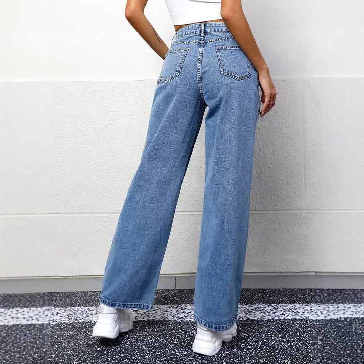 Damen Mom-Jeans mit hoher Taille in Blau, aus bequemen Baumwollmaterial, mit lässigem Schnitt und klassischem…
