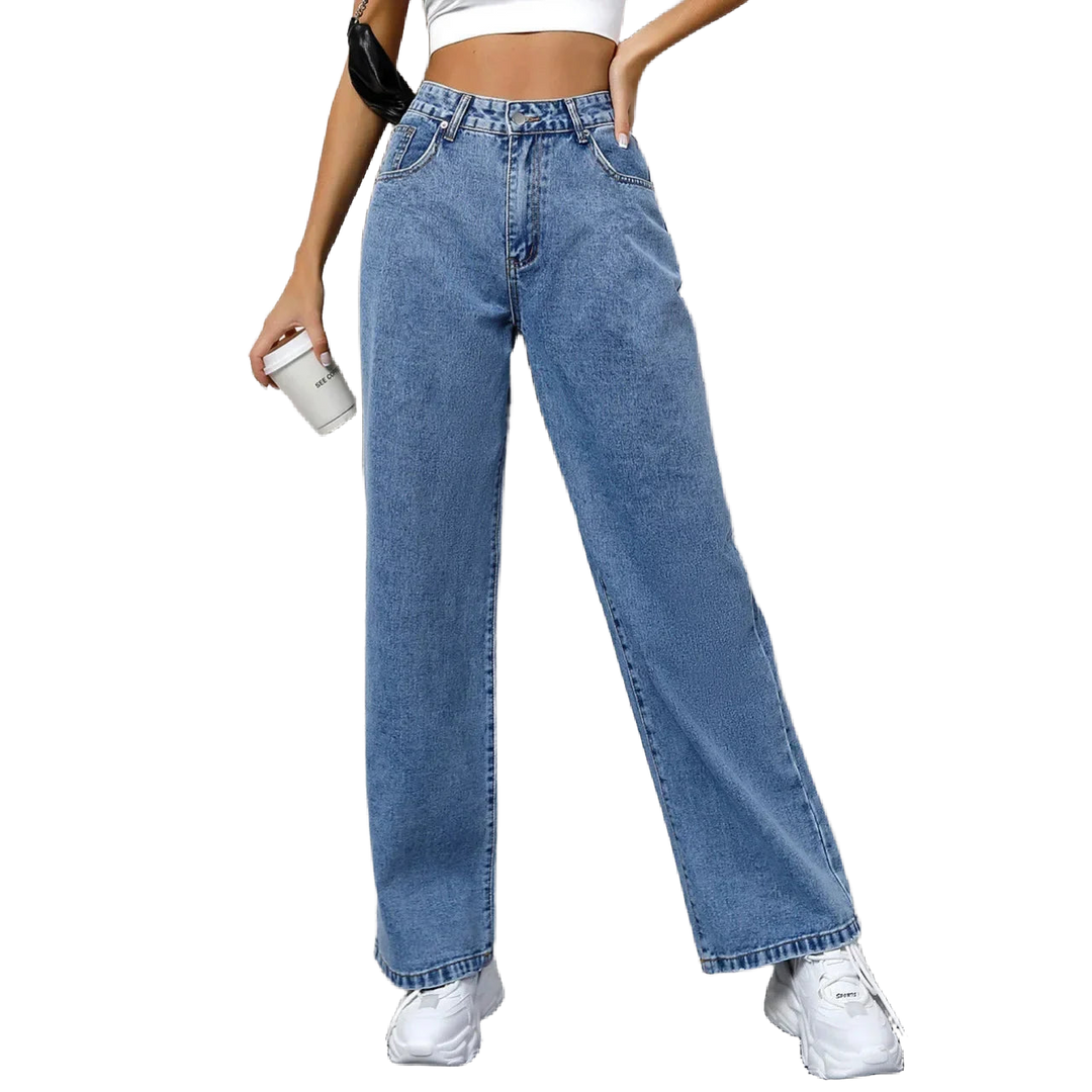 Damen Mom-Jeans in Blau, hohe Taille, lockerer Schnitt, aus weichem Denim für viel Komfort und lässigen Stil.