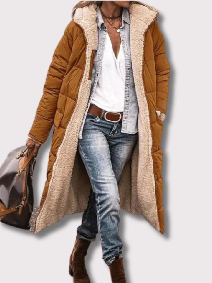 Damen lange Steppmantel mit Teddyfutter
