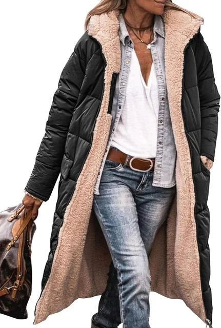 Damen lange Steppmantel mit Teddyfutter