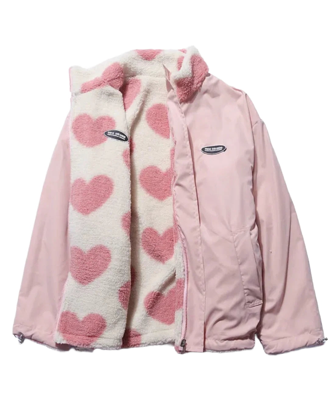 Damen Übergangsjacke in Rosa mit Herzmuster-Innenfutter, aus leichtem Material, ideal für Frühling und Herbst.
