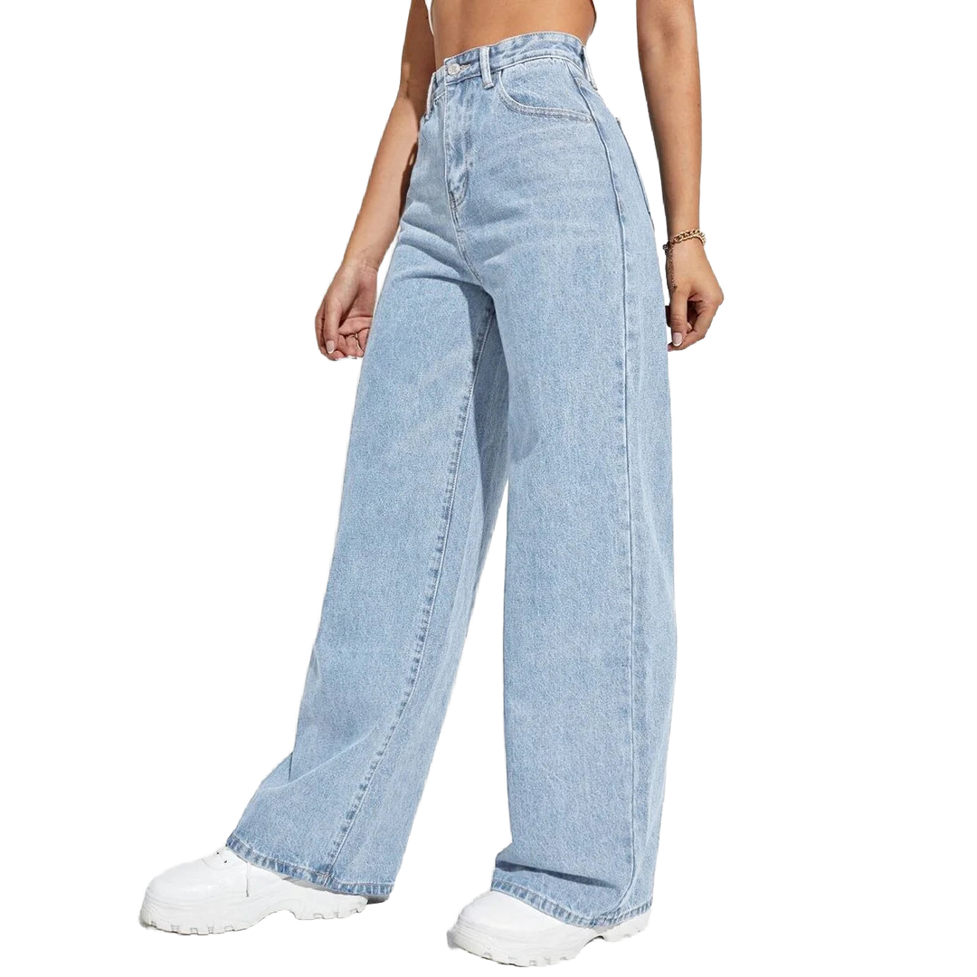 Helle Damen Loose Fit Jeans mit hohem Bund aus schwerem Denim, lässiger Schnitt, ideal für Alltag und Freizeitaktivitäten.