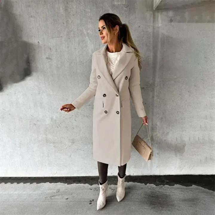 Damen Winter Lang Trench Mantel aus warmem Stoff mit Knopfleiste und klassischem Schnitt für kältere Tage.