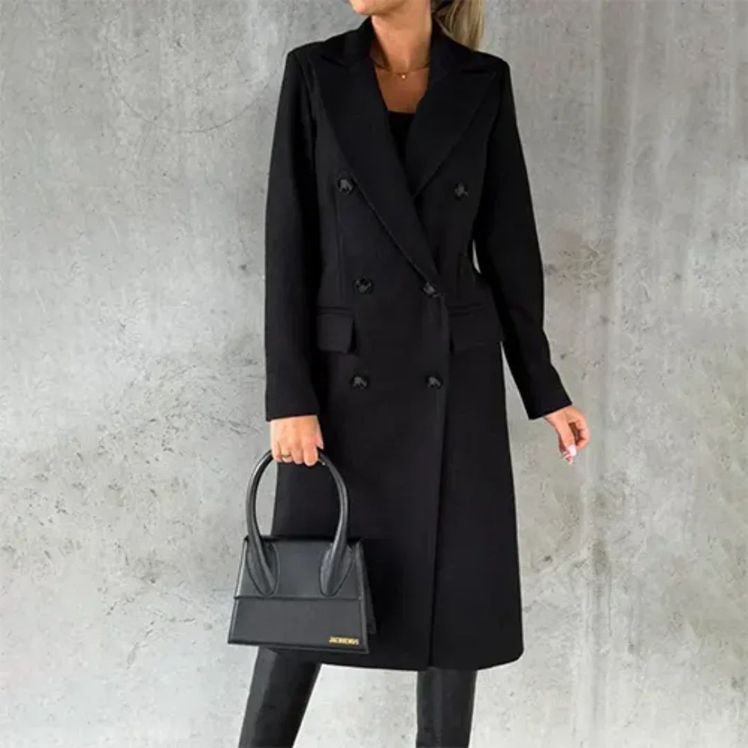Damen Winter Lang Trench Mantel in Schwarz, aus hochwertigem Stoff, mit durchgehender Knopfleiste und klassischem Design.