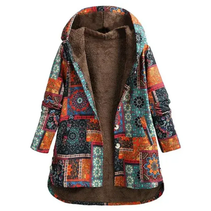 Damen Winter Fleecejacke mit Kapuze in Patchwork Optik