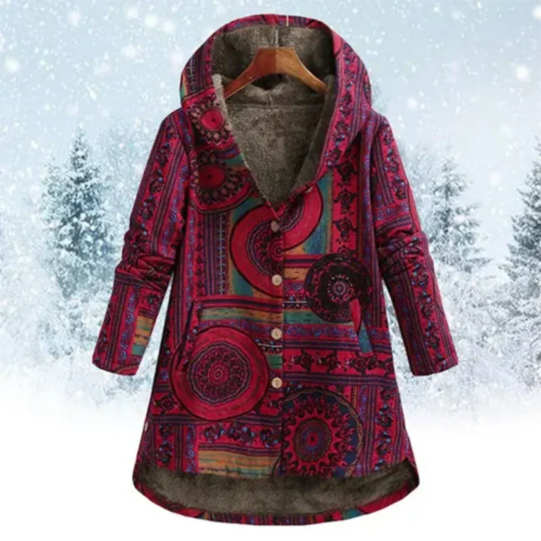 Damen Winter Fleecejacke mit Kapuze in Patchwork Optik