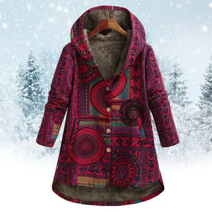 Damen Winter Fleecejacke mit Kapuze in Patchwork Optik