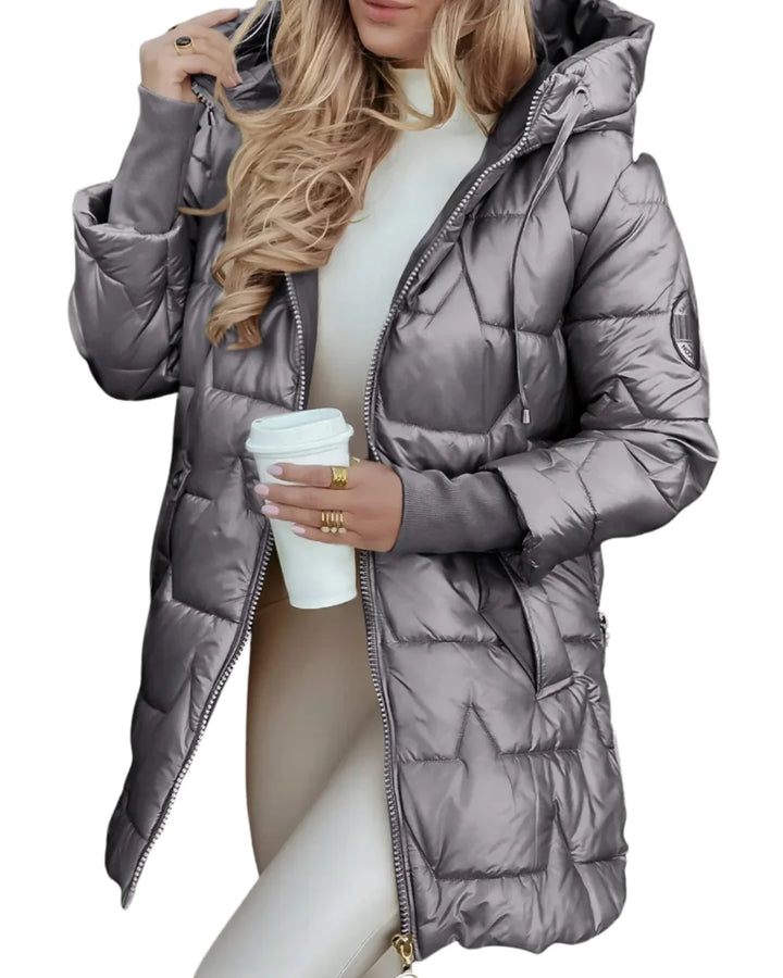 Grau Damen Winterjacke mit Kapuze, Steppdesign, warmes Material, praktische Taschen, ideal für kalte Tage.