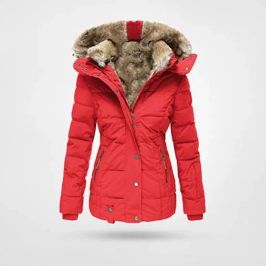 Damen Winterjacke mit Kunstpelz-Kapuze und Taillenzug