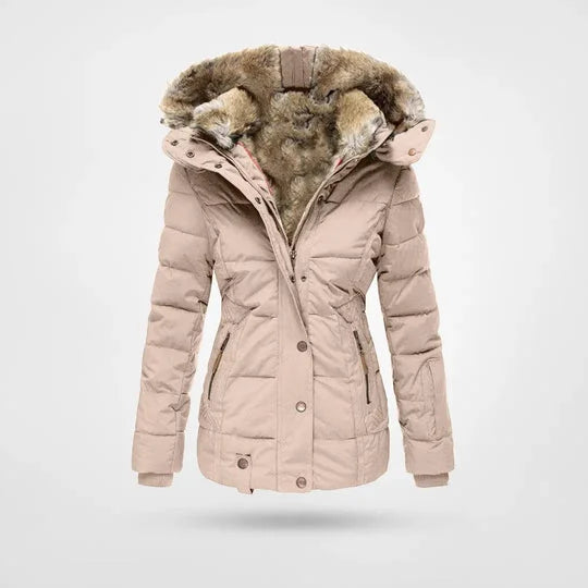 Damen Winterjacke mit Kunstpelz-Kapuze und Taillenzug