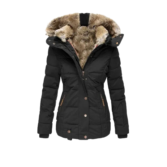 Damen Winterjacke mit Kunstpelz-Kapuze und Taillenzug