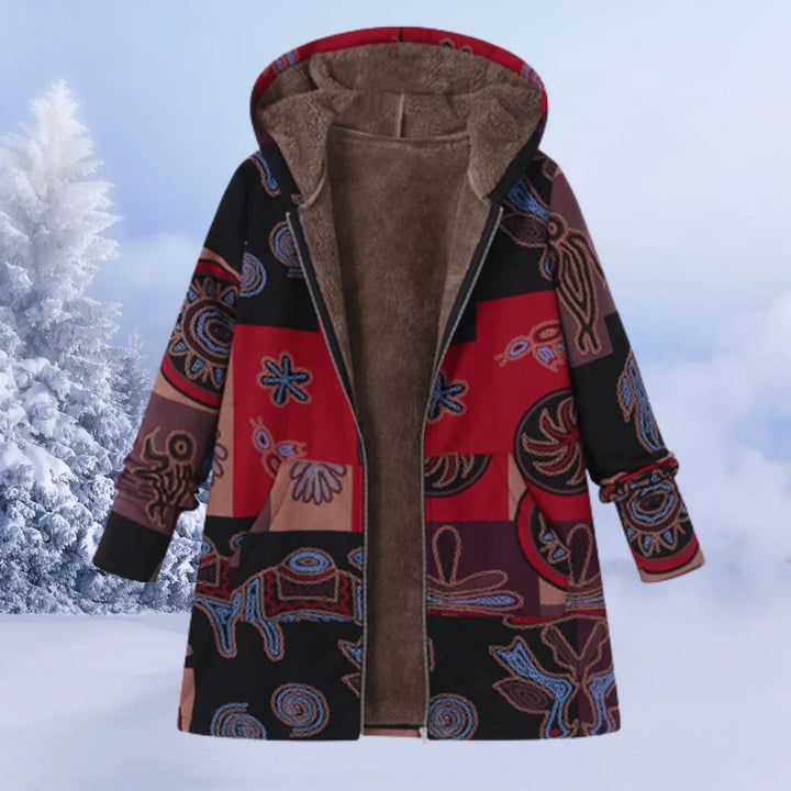 Damen Winterjacke mit Blumenmuster, Kapuze und warmem Material, ideal für kalte Tage und stilvolle Outfits.