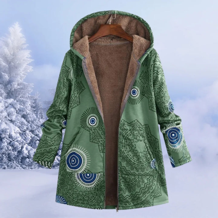 Damen Winterjacke in Grün mit Kapuze, floralem Muster und warmem, strapazierfähigem Material für die kalte Jahreszeit.