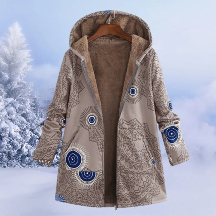 Damen Winterjacke in Khaki mit Blumenmuster, Kapuze und warmem Material für kalte Tage und stylische Auftritte.