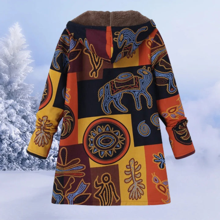 Damen Winterjacke in Mehrfarbig mit Blumenmuster, Kapuze und warmem Material, ideal für kalte Tage.