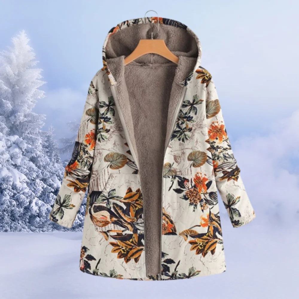 Damen Winterjacke in Orange, mit Kapuze und floralem Muster aus warmem, strapazierfähigem Material für kalte Tage.