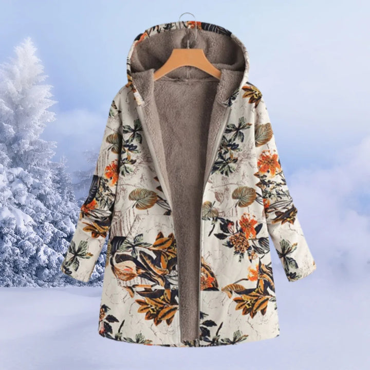 Damen Winterjacke in Orange, mit Kapuze und floralem Muster aus warmem, strapazierfähigem Material für kalte Tage.