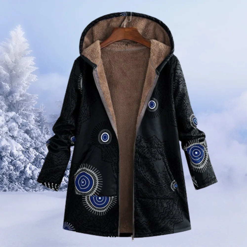 Damen Winterjacke in Schwarz, aus warmem Material, mit Kapuze und trendigem Blumenmuster für stilvollen Schutz vor Kälte.