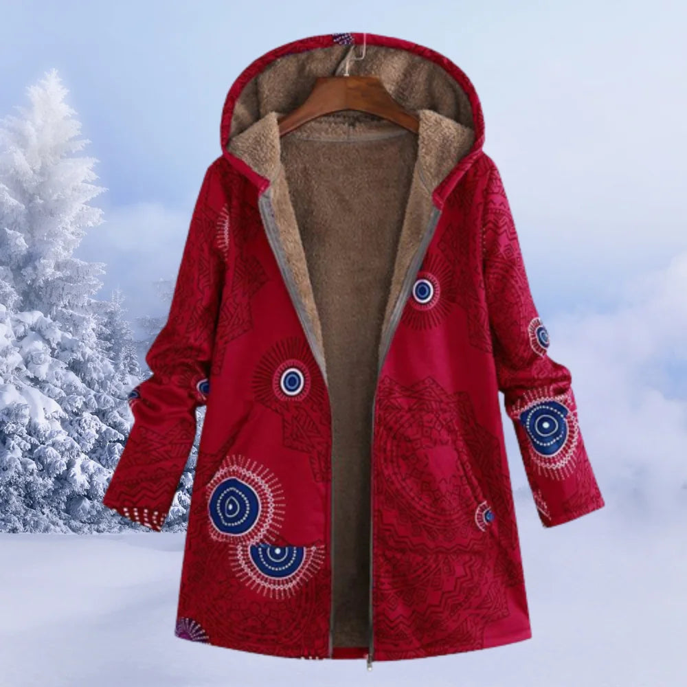 Damen Winterjacke in Weinrot mit Blumenmuster, Kapuze und warmem Futter, ideal für kalte Tage.