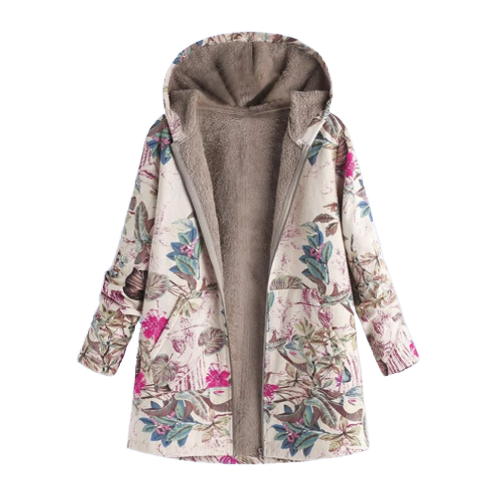 Damen Winterjacke in Rosenrot mit Blumenmuster, Kapuze und warmem Material für kalte Tage. Ideal für den Alltag.