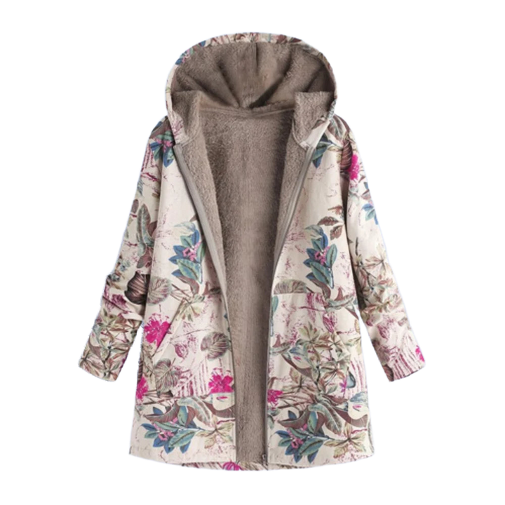 Damen Winterjacke in Rosenrot mit Blumenmuster, Kapuze und warmem Material für kalte Tage. Ideal für den Alltag.