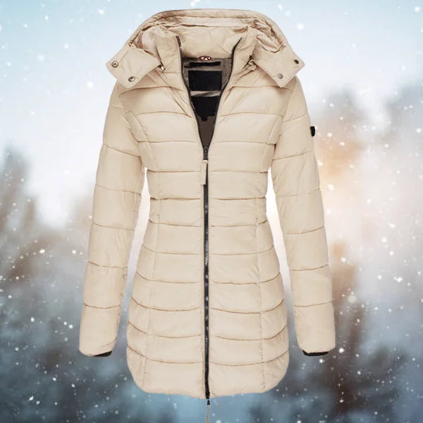 Beige Damen Winterjacke Puffer mit Kapuze, Reißverschluss, wärmendem Material und modernem Design für kalte Tage.