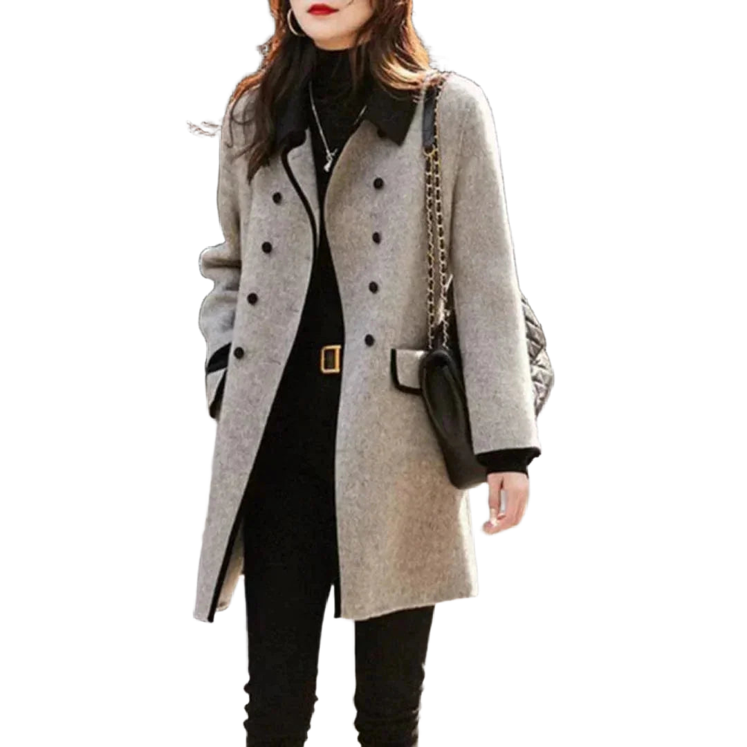 Grau Damen Mantel mit Doppelreihe, schwarzem Kragen und strukturiertem Material für eleganten Look und angenehmes…