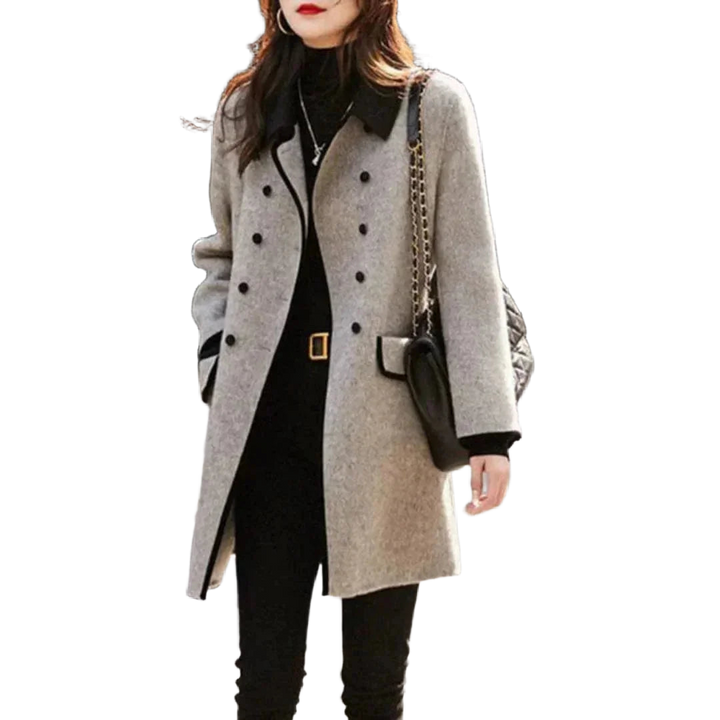 Grau Damen Mantel mit Doppelreihe, schwarzem Kragen und strukturiertem Material für eleganten Look und angenehmes…