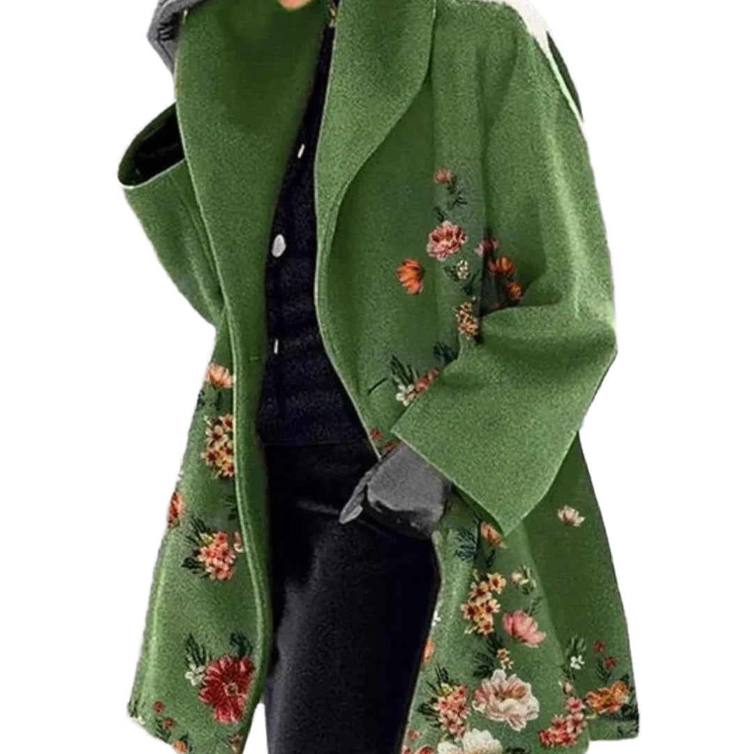 Damen Langmantel in Rot mit floralem Muster, weiter Kragen, aus leichtem, atmungsaktivem Material, ideal für Herbsttage.