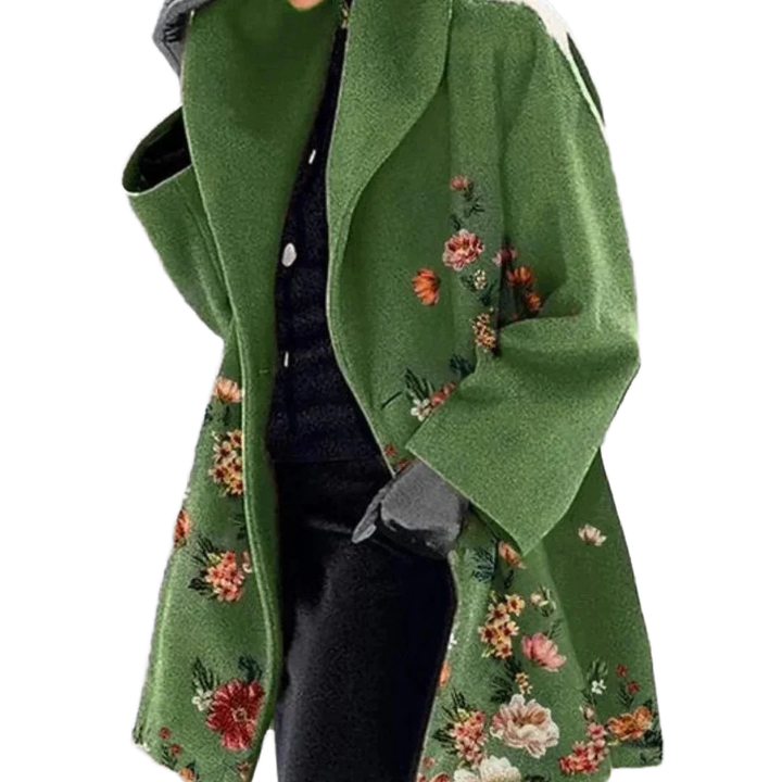 Damen Langmantel in Rot mit floralem Muster, weiter Kragen, aus leichtem, atmungsaktivem Material, ideal für Herbsttage.