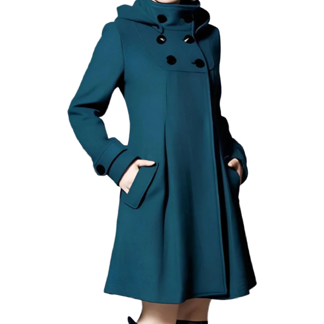 Grüner Damen Wintermantel mit Kapuze, Knopfleiste und warmem Material, ideal für kalte Tage.