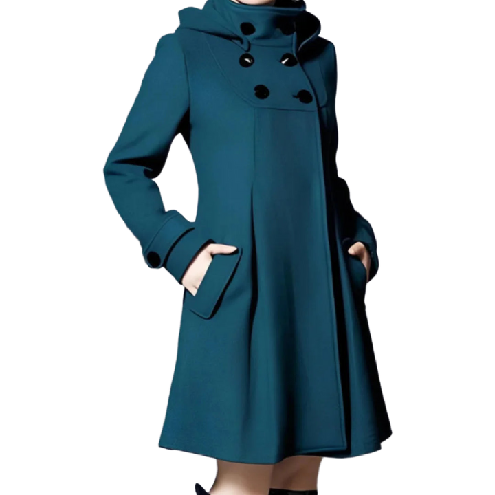 Grüner Damen Wintermantel mit Kapuze, Knopfleiste und warmem Material, ideal für kalte Tage.