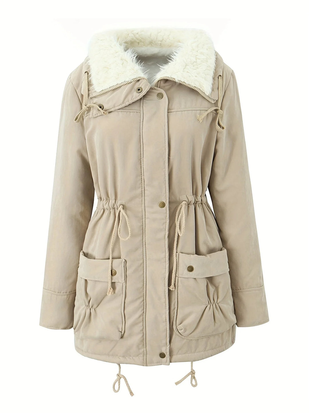 Damen Wintermantel mit Kapuze, aus warmem Material und weichem Innenfutter für zusätzlichen Komfort und Schutz.