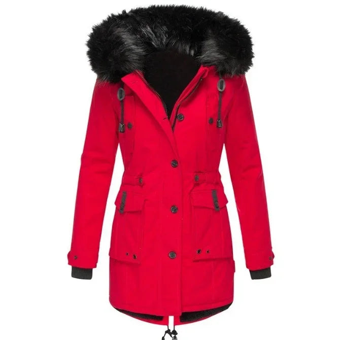 Damen Winterjacke mit Fellkapuze und Taschen