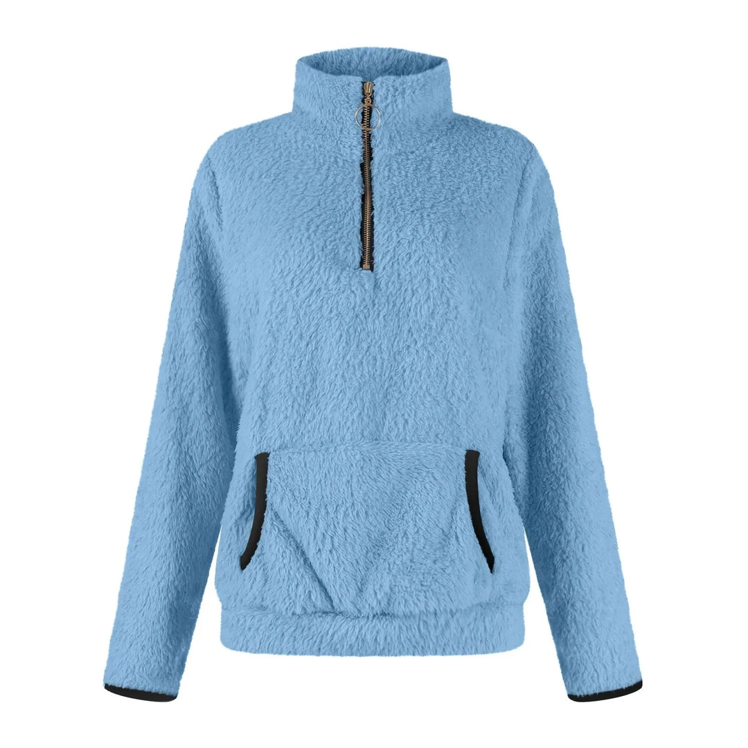 Damen Zipper Pullover aus weichem Material mit Kängurutasche und moderner Kapuze in zeitlosem Design.