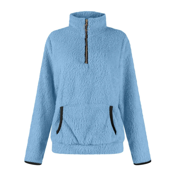 Damen Zipper Pullover aus weichem Material mit Kängurutasche und moderner Kapuze in zeitlosem Design.